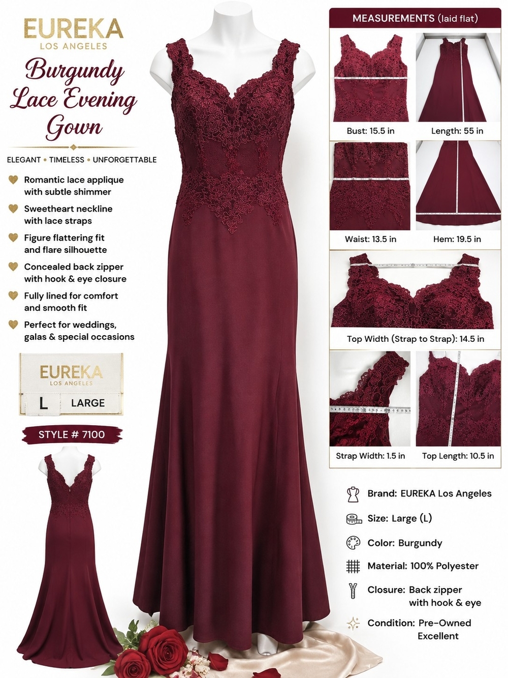 EUREKA Los Angeles Burgundy Lace Wedding Gown